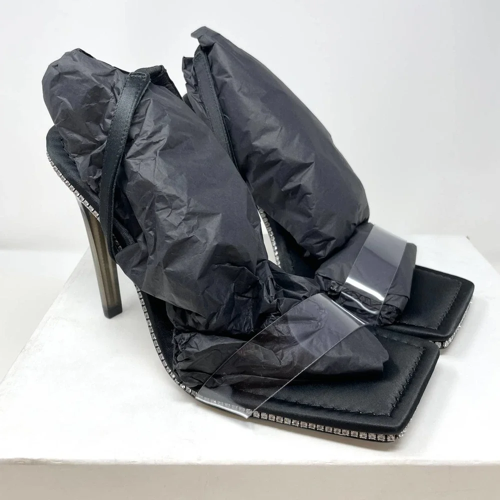 Good American Crystal Crush Lucite Rhinestone Sandals In Black Size 7.5 New